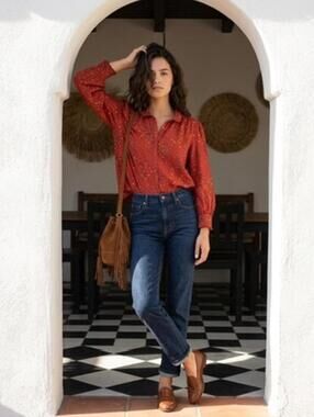 Anthropologie Maeve Polka Dot Rust orang Blouse Size S